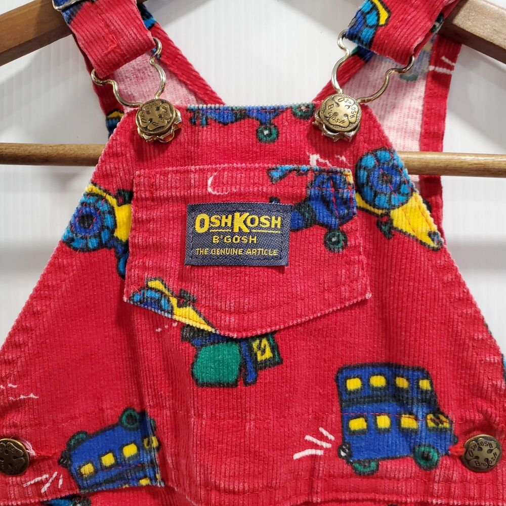 Vintage 6-9 mos OshKosh B’Gosh Red Corduroy Overalls Vehicles bus truck plane - Picture 5 of 8